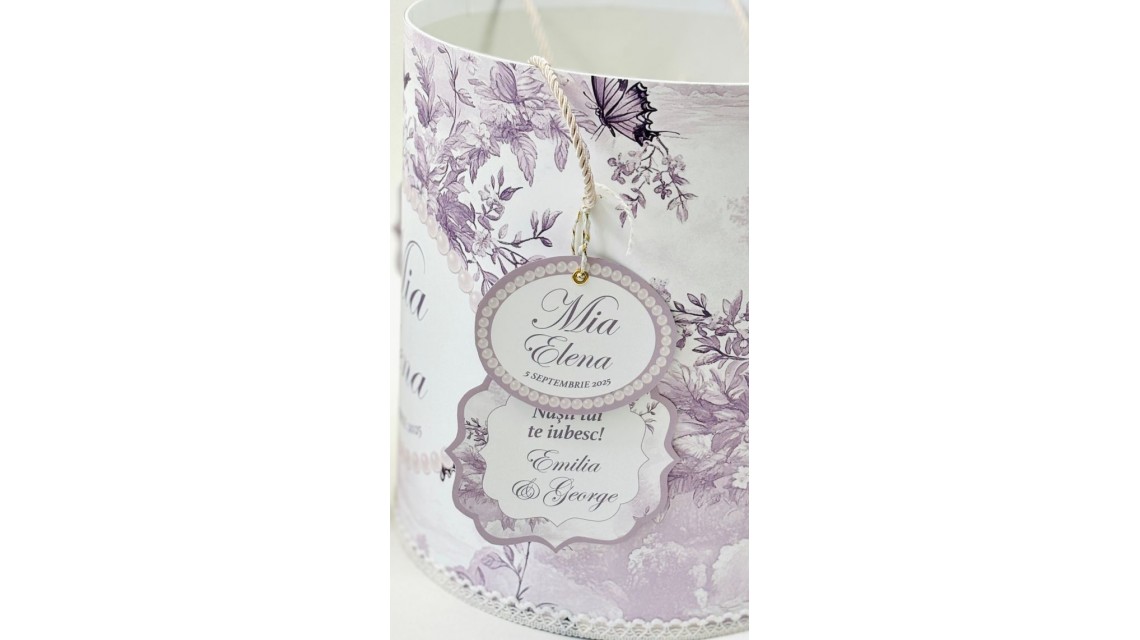 Trusou botez Purple Toile cu fluturi și flori mov personalizat 13